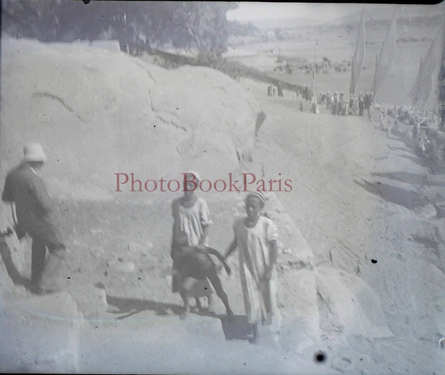 EGYPTE Enfants c1930 Photo NEGATIVE Plaque de verre Stereo Vintage V28L10n9