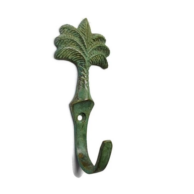 small Palm tree HOOK 4" long aged green 100% heavy BRASS 10 cm long tropical B