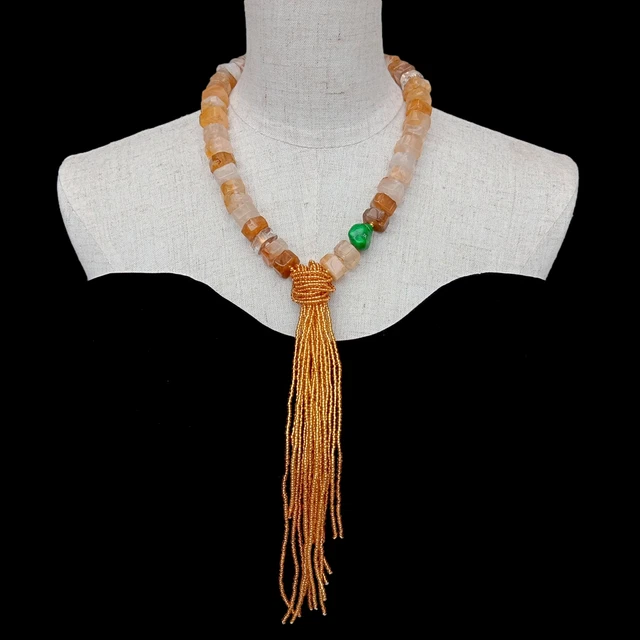 Natural Titanium Golden Quartz Green Turquoise Plastic Tassels Necklace