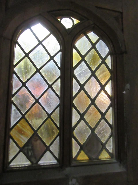 ~ Antique Gothic Oak Double Entrance French Doors With Stained Glass ~ 55 X 84 12