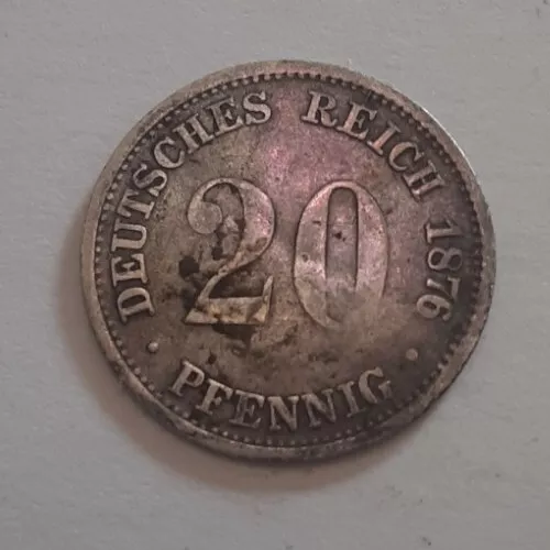 1876 20 Pfennig German Silver Coin Germany