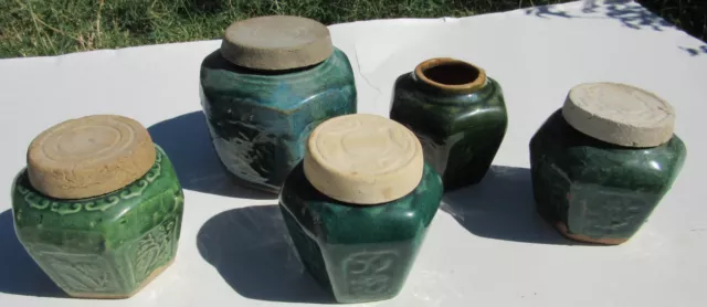 Five Antique Chinese Shiwan Green Glaze Pottery Hexagonal Ginger Jars w/ 4 Lids