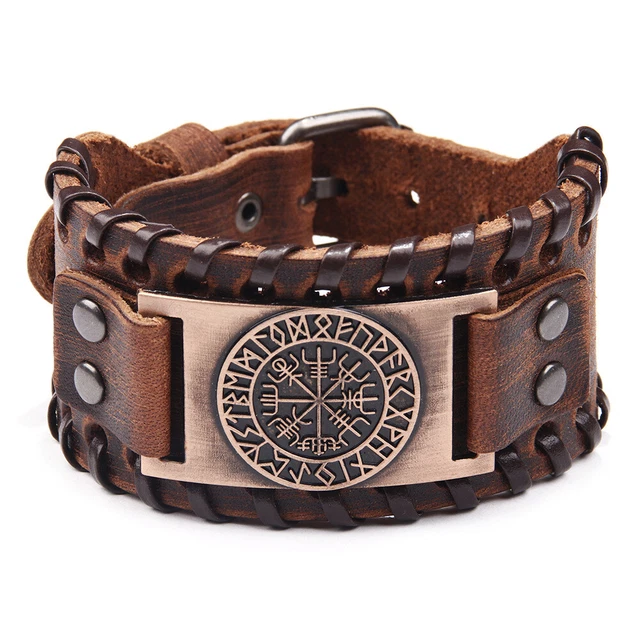 Men's Norse Viking Vegvisir Rune Leather Cuff Wristband Bracelet Amulet Jewelry