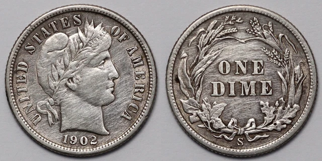 United States USA 1902-S Barber Dime 10C San Francisco Silver Coin - Better Date