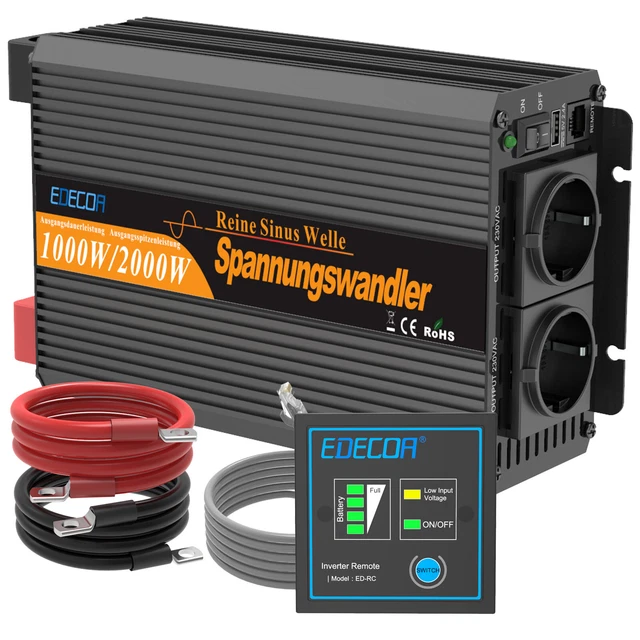 EDECOA Convertisseur Pur Sinus 2000w Onduleur 12V 220V ET-RC T&eacute;l&eacute;commande V4.0