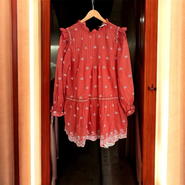 ZARA CORAL RED Embroidered Eyelet Cotton Long Sleeve Mini Dress Size M  20.43 - PicClick UK