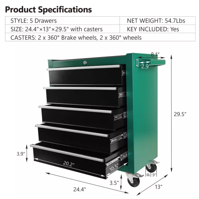 5-Drawer Rolling Tool Chest Cabinet on Wheels with Lock and Drawer Liners Green 2