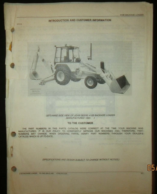 JOHN DEERE 410B Backhoe Loader Parts Catalog Book Manual Factory