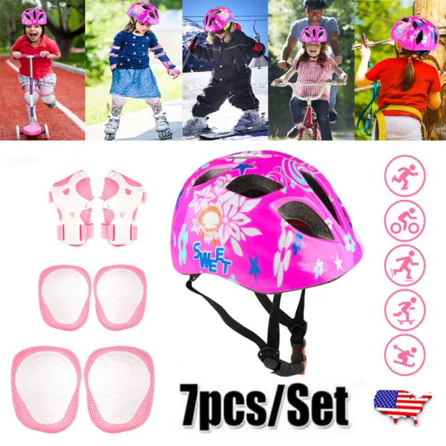 7pcs Kids Safety Skating Bike Pink Blue Helmet Knee Elbow Protective Gear Set