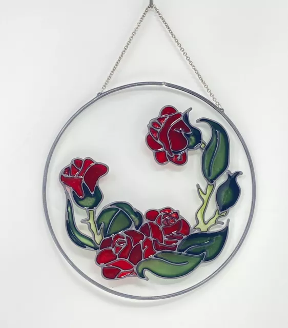 Tiffany Style Stained Glass Red Roses Hanging Window Decor Round Suncatcher 8"