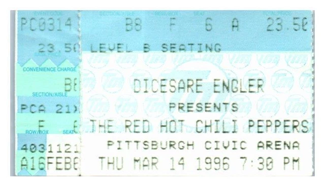 Rot Hot Chili Peppers Konzert Ticket Stumpf März 14 1996 Pittsburgh Pennsylvania