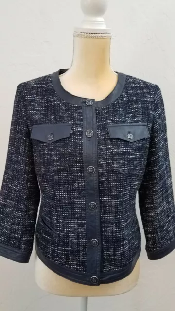 New York & Co Womens Size 4 Blue Boucle Textured Blazer Jacket Collarless Career