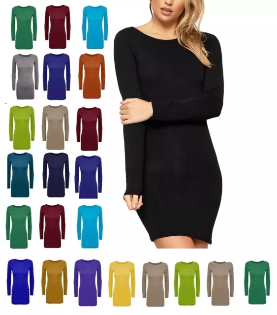 Ladies Plain Tshirt Womans Long Sleeve Scoop Neck T Shirt Top Plus Size Uk 8-26