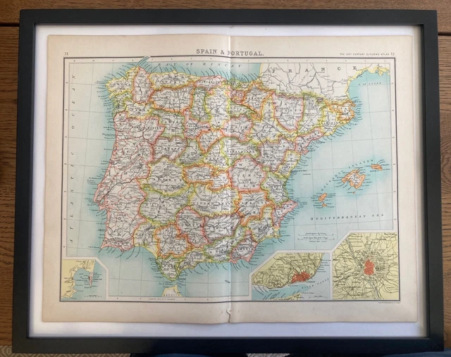 Antique 1902 Spain & Portgual Map/Original/Bartholomew/Print