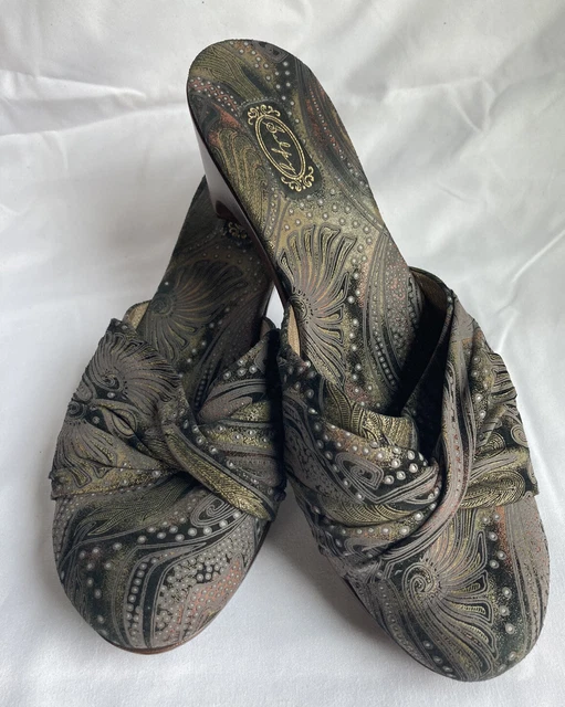Salpy Shoes Womens Size 10 Amber Blue/Grey Paisley Handmade in USA Slides Clogs