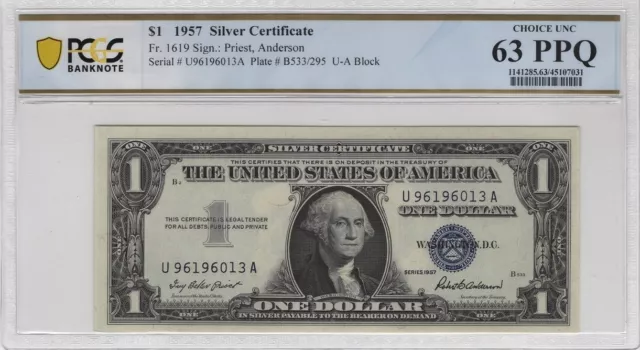 1957 $1 Blue SILVER Certificate PCGS Choice Unc 63PPQ