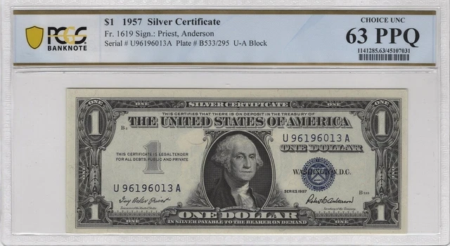 1957 $1 Blue SILVER Certificate PCGS Choice Unc 63PPQ