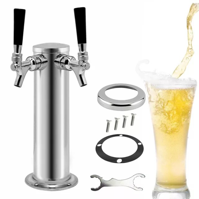 Double Faucet Tap Draft Beer Tower Stainless Steel Silver for Home Bar 330mm