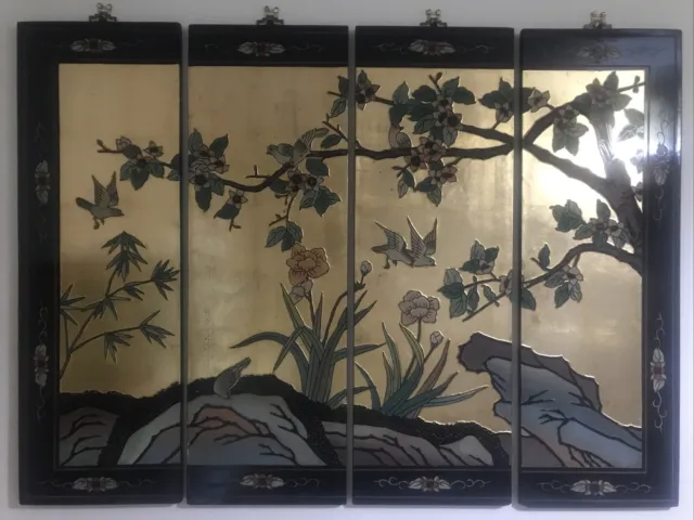 4 Vintage Chinese Lacquered Panels With Gold Leaf And Painting Birds In Trees