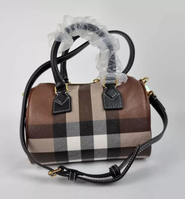 Burberry Mini Bowling Dark Birch Brown Check Canvas And Leather Bag New