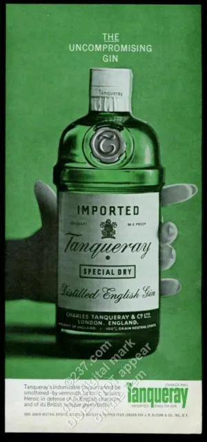1965 Tanqueray Gin green bottle photo The Uncompromising Gin vintage print ad