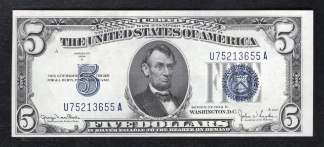 1934-D $5 Five Dollars Silver Certificate Currency Note Choice Uncirculated