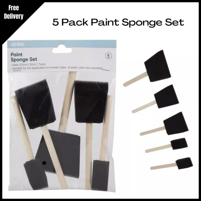 Foam Sponge Paint Brush Set Wood Handle Craft Touch Up 5 Pack Paint Sponge Set