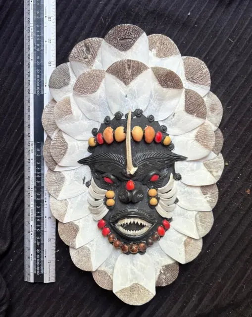 Fierce Looking Wood and Shell Carved  Mask from Brazil