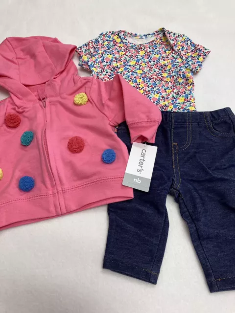 Newborn baby girl 3 pc Carter's hoodie, denim look pant, floral bodysuit