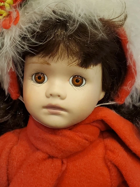 Porcelain Doll Red Cape Coat Hat with Flower on Ice skates A Summit Collection