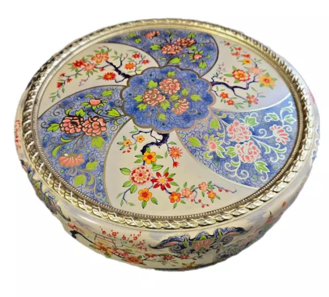 Vintage Round Floral Decorative Cookie Tin Ornate Made In Holland with Lid