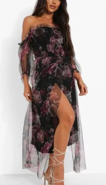 Boohoo FLORAL MESH RUCHED MAXI DRESS