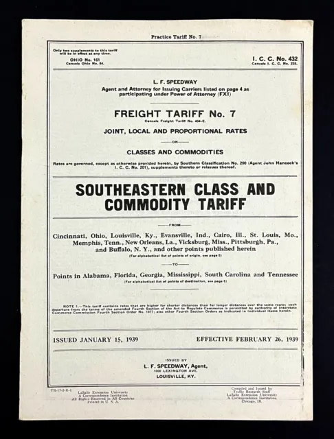 1939 Southeastern Class Commodity Freight Tariff Rates Vintage Railroad Booklet