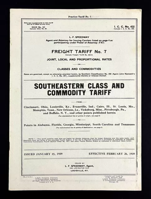 1939 Southeastern Class Commodity Freight Tariff Rates Vintage Railroad Booklet