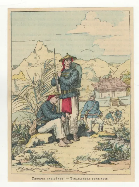 Armée Française Troupes indigènes Tirailleurs Tonkinois gravure 1880 /B1AFd