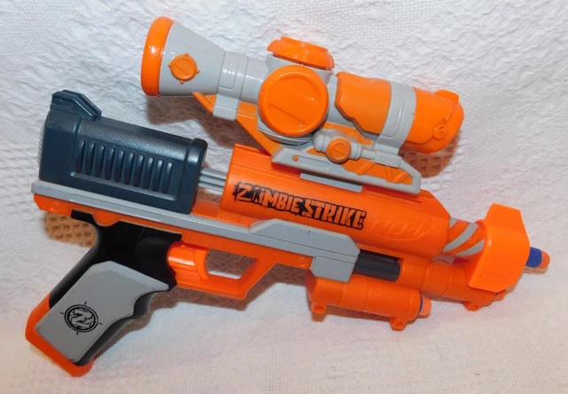 NERF Zombie Strike Clear Shot Pump Action Blaster  with Scope & 4 Darts Works!!