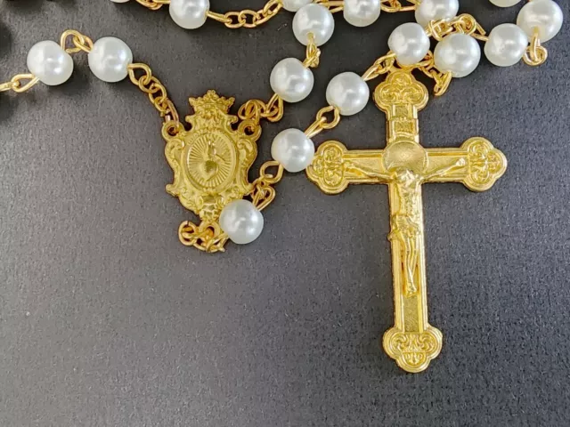 CATHOLIC ROSARY SACRED Heart of Jesus White Glass Beads Gold Tone ...