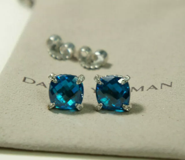 David Yurman Sterling Silver 9mm Blue Topaz Diamond Chatelaine Stud Earrings
