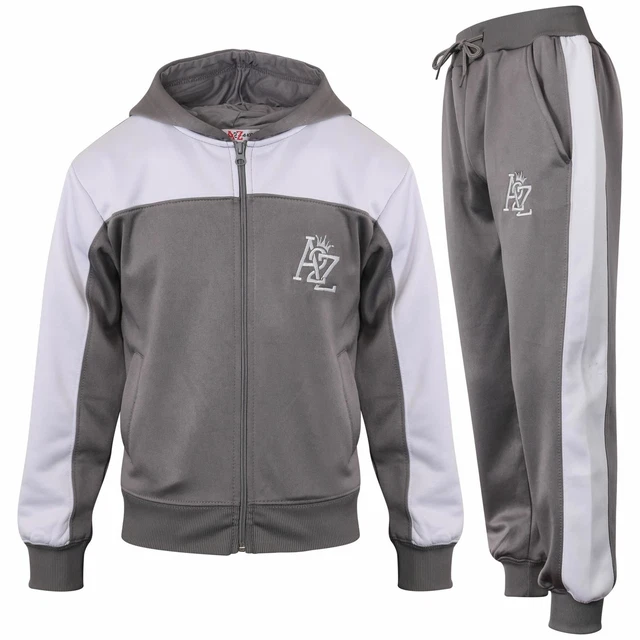 Kids Unisex Tracksuit Contrast Panelled Grey Fleece Hoodie Bottom Jogging Suits