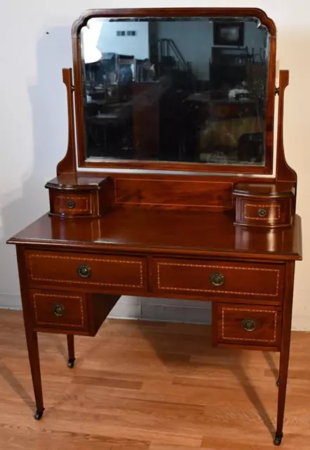 1910s Antique English Sheraton Mahogany inlaid Vanity desk & mirror