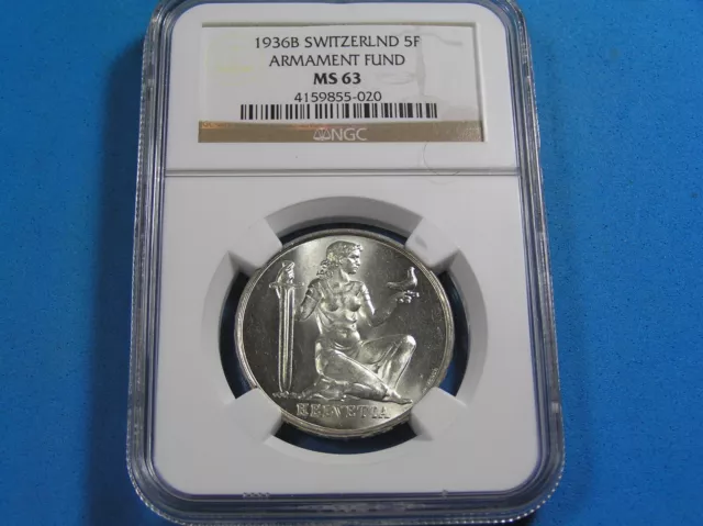 Switzerland 5 Francs .835 Silver Coin 1936-B NGC MS63, Armament Fund