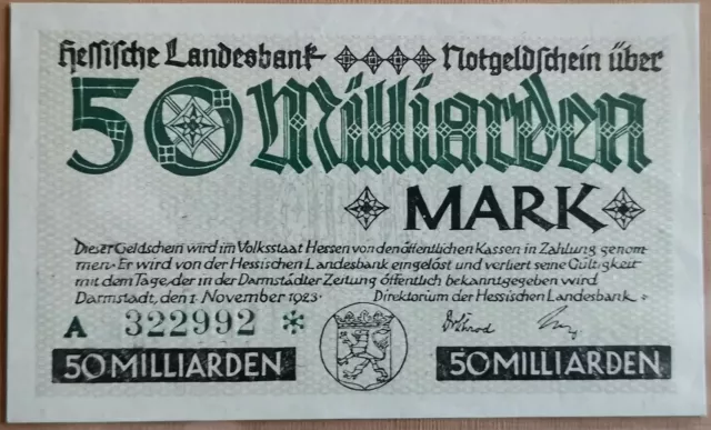 50 Milliarden Mark Notgeld - Hessische Landesbank 1923 - Extremely Fine - Ser. A