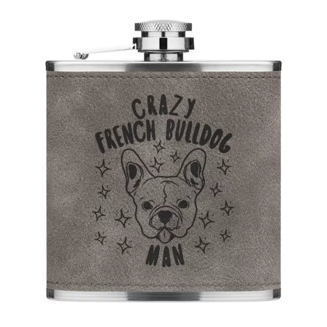 Crazy Bouledogue Français Homme Stars 170ml Cuir PU Hip Flasque Gris Drôle Chien