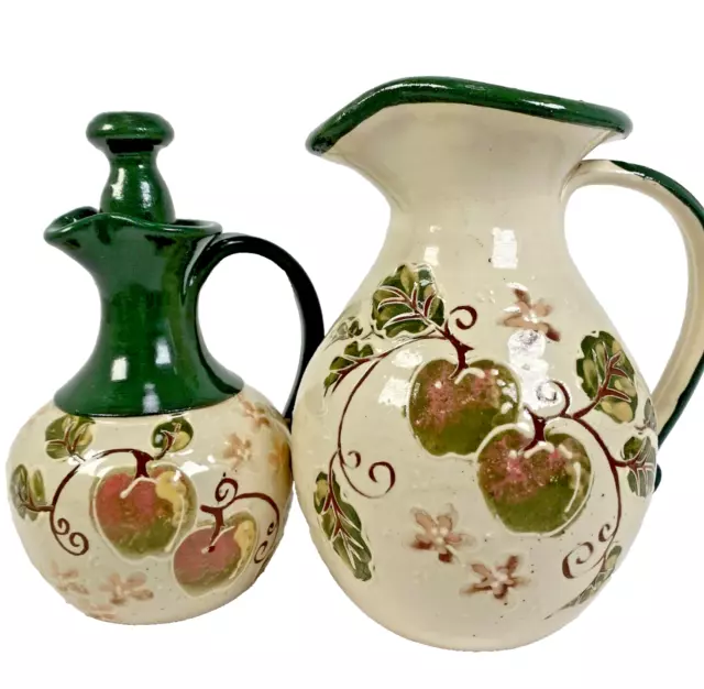 Leigh Coombes Somerset Studio Pottery Pint Jug & Oil Cruet Green Apple Orchard