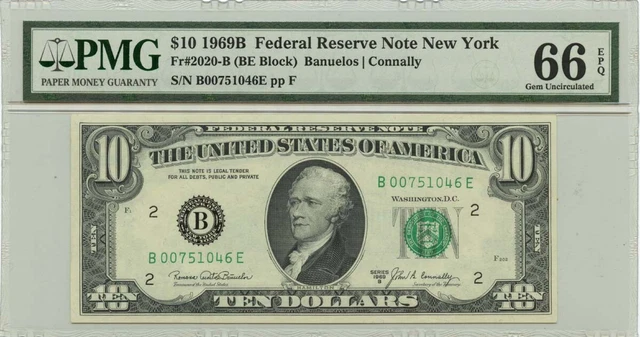 1969B $10 Federal Reserve Note New York Fr# 2020-B PMG Gem 66 EPQ