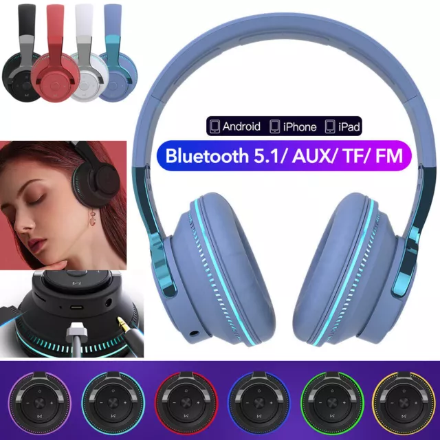 Wireless Bluetooth Headphones Over Ear LED Headset Stereo Super Bass Foldable