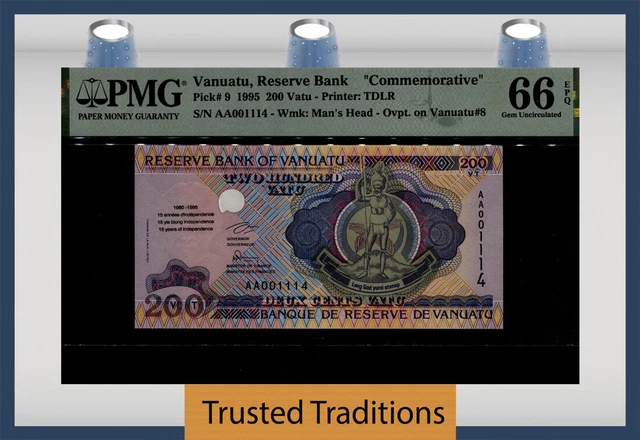 Tt Pk 9 1995 Vanuatu Reserve Bank 200 Vatu Commemorative Pmg 66 Epq Gem Tt Pk 9 1995 Vanuatu Reserve Bank 200 Vatu Commemorative Pmg 66 Epq Gem
