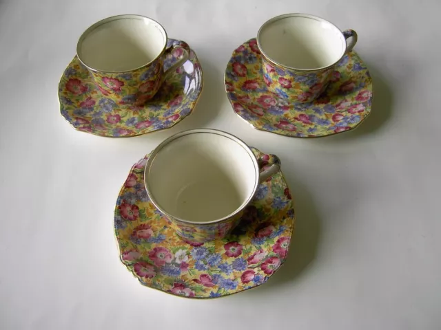 Royal Winton Grimwades England "Royalty" Keramik 3 Tassen 3 Untertassen Blumen 3