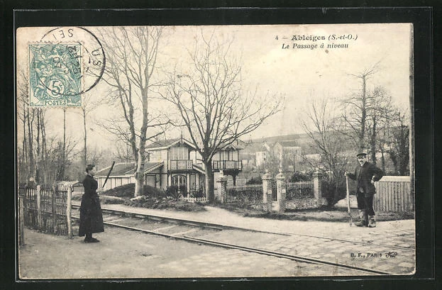 CPA Ableiges, Le Passage a niveau 1907