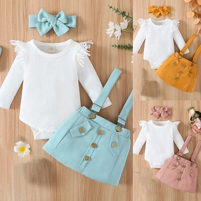 Newborn Baby Girls Ribbed Outfits Ruffle Lace Romper Jumpsuit Dress Skirt Set 2